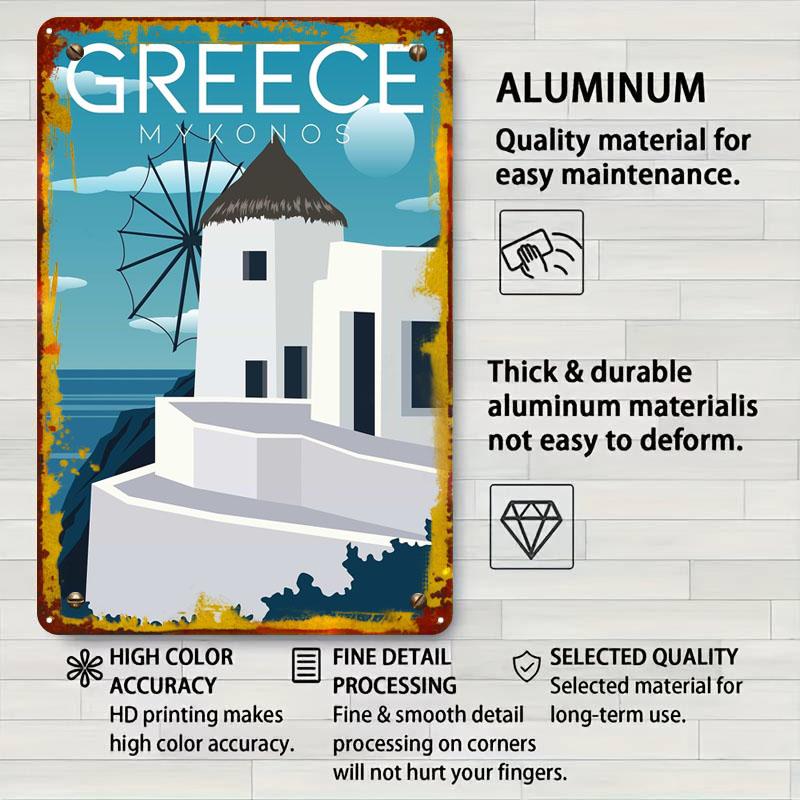 Mykonos Windmill Greece Tinplate Signs Travel Poster Man Cave Custom Metal Sign for Wall Art Decoration Home Decoration Luxury