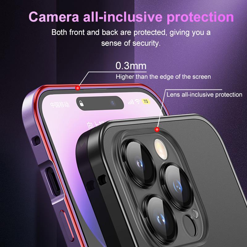 Mattierte Rückseite, magnetisches kabelloses Laden, Aluminium-Metall-Stoßstangenhülle für iPhone 12 13 14 Pro Max, Objektiv-Glasschutzfolie