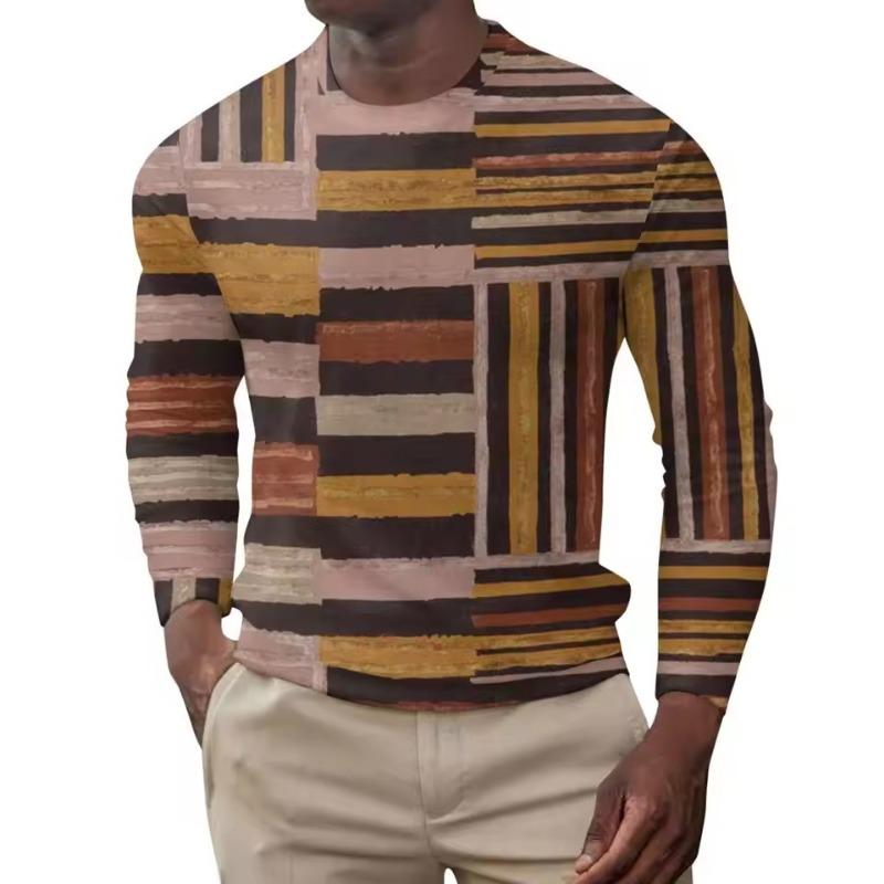 Men's Spring Summer Long Sleeve T-Shirt Green Geometric Patchwork Print Casual Streetwear