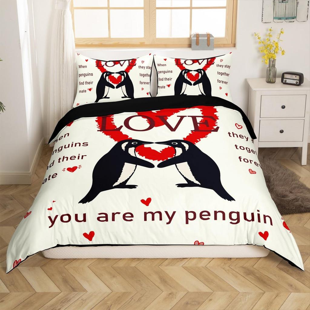 Cute Penguin And Love Heart Duvet Cover Set For Kids Teens Lightweight Quilt Cover With 2 Pillowcase Cartoon Penguin Bedding Set