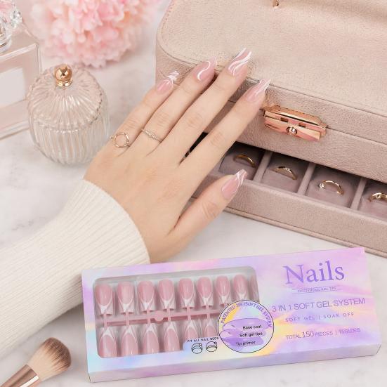 150PCS Nail Stickers, French Style Nail Polish Set, Versatile Multi-Sized Full Cover Smooth DIY Manicure, for Women Girls