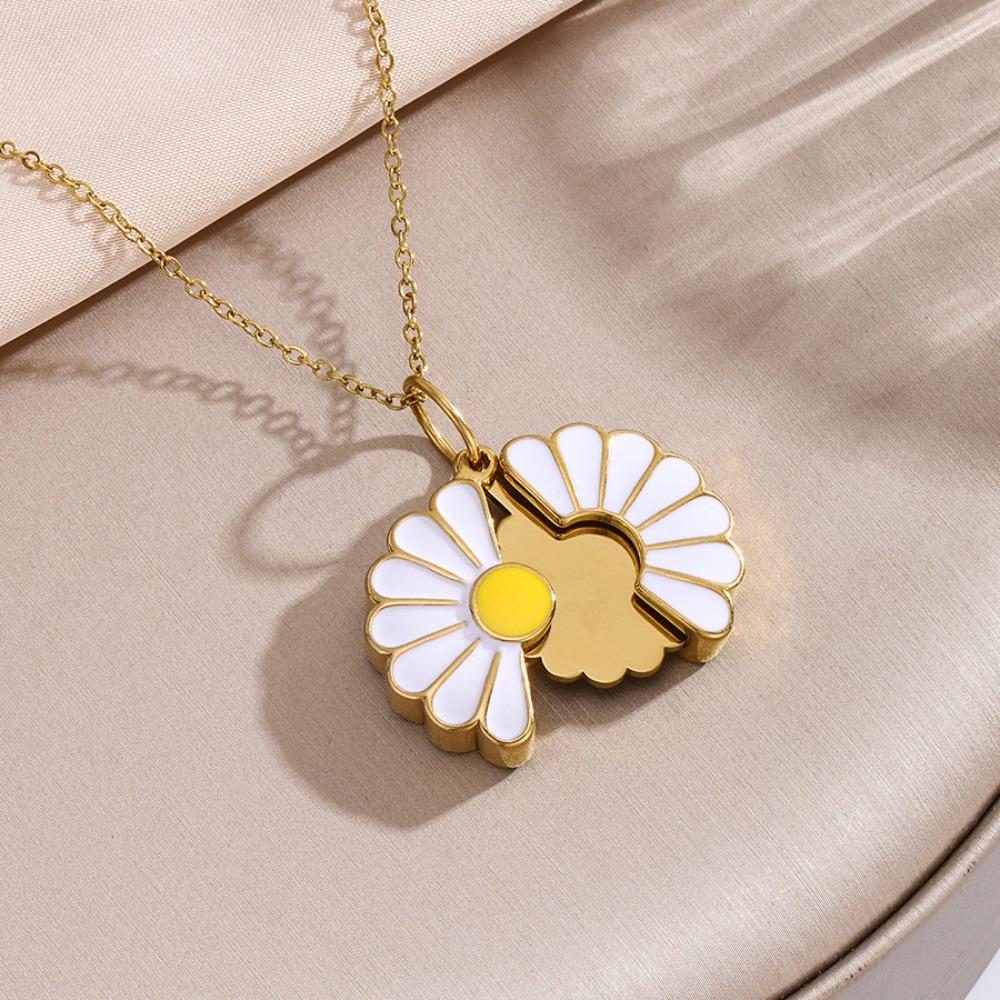Handmade Glaze Oil Chrysanthemum Pendant Titanium Steel Daisy Necklace  Female Lady Girl