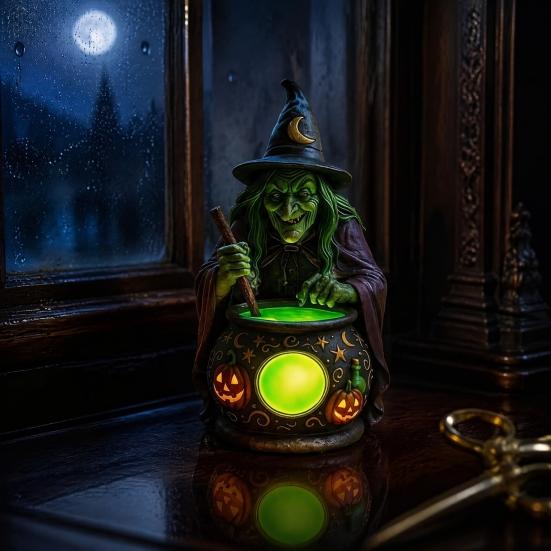 Artesanías de Resina Hechas a Mano Lámpara Caldero de Bruja de Halloween, Adorno de Estatua, Accesorios de Habitación Artísticos Decorativos Espeluznantes Luz para Escritorio Mesa