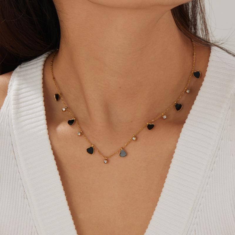 Gold Tone White Enamel Heart Charm Choker Necklace with Zircon