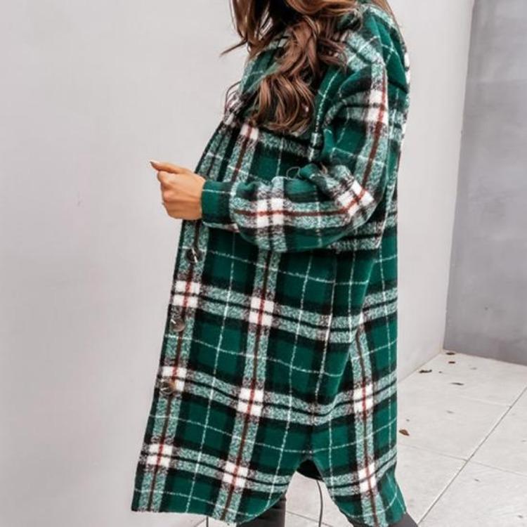 Women Woolen Coat Autumn Winter Plaid Print Turn Down Collar Long Sleeve Flap Pockets Outerwear