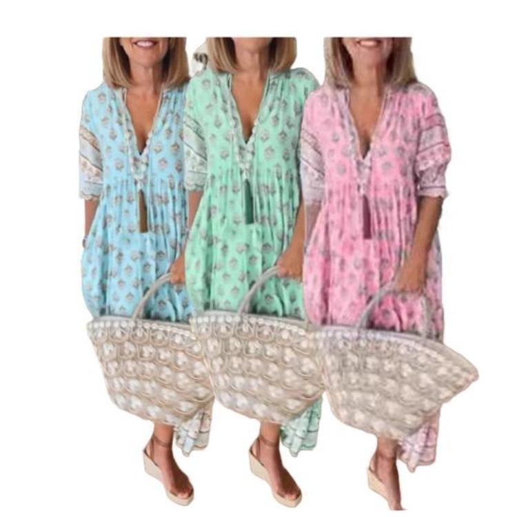 Letnia Sukienka Maxi Styl Bohemian Wysoki Stan Linia A Plisowana Rozkloszowana Z Nadrukiem Dekolt V Rękawy Latarenkowe Sukienka Wiosenna