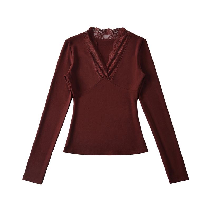 Korean Style Lace Trim V-Neck Slim-Fit Fleece Long Sleeve Women's Top
