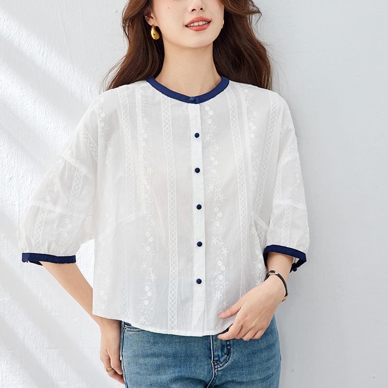 New Summer Style for Women Korean Style Loose and Fashionable Sweet Five-point Sleeve Embroidered Shirt Versatile Casual Top Cotton Shirt