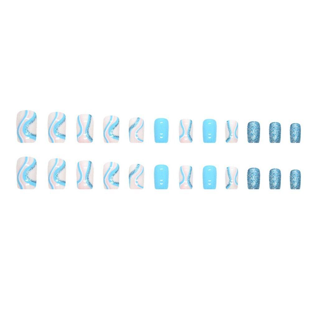 24pcs Detachable Press on Nails Comic Nails DIY French Long Square False Nails Pink Blue