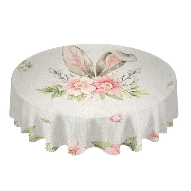 Easter Watercolor Rabbit Flower Round Table Cloth Festival Dining Waterproof Tablecloth Table Cover For Wedding Party Decor
