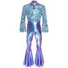 Mens Flashy Disco Jumpsuit Flared Sleeves Turn Down Collar Stylish Printed Bodice Metallic Bell Bottom Bodysuit