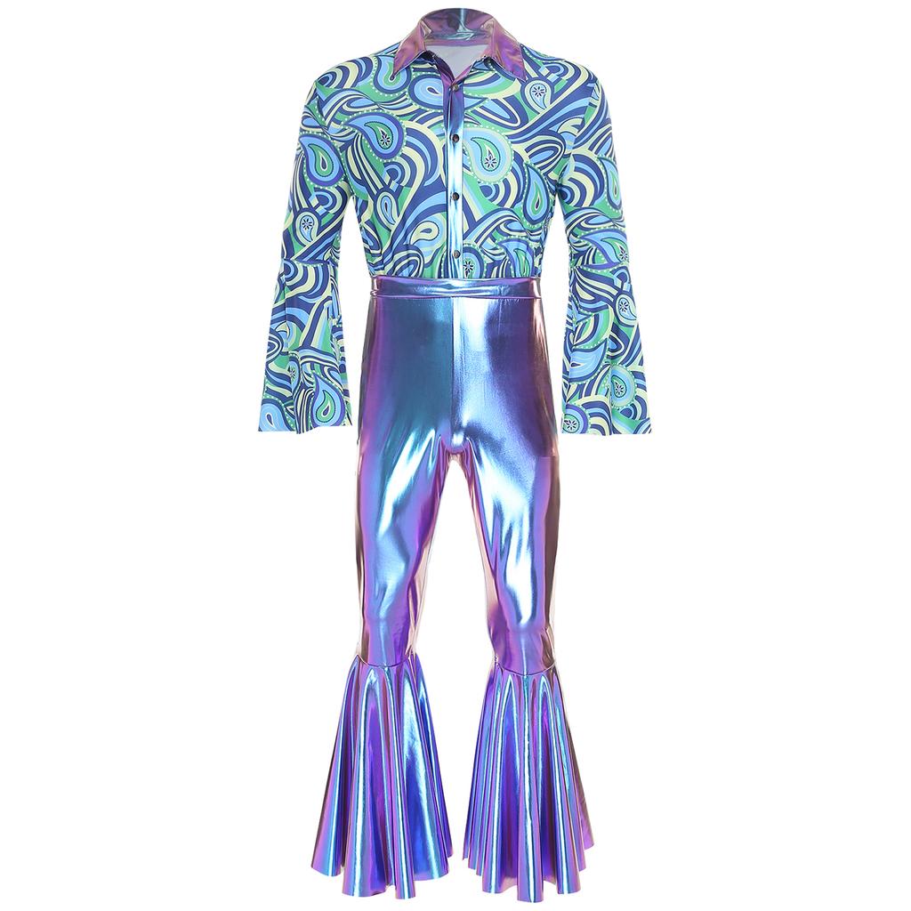 Mens Flashy Disco Jumpsuit Flared Sleeves Turn Down Collar Stylish Printed Bodice Metallic Bell Bottom Bodysuit