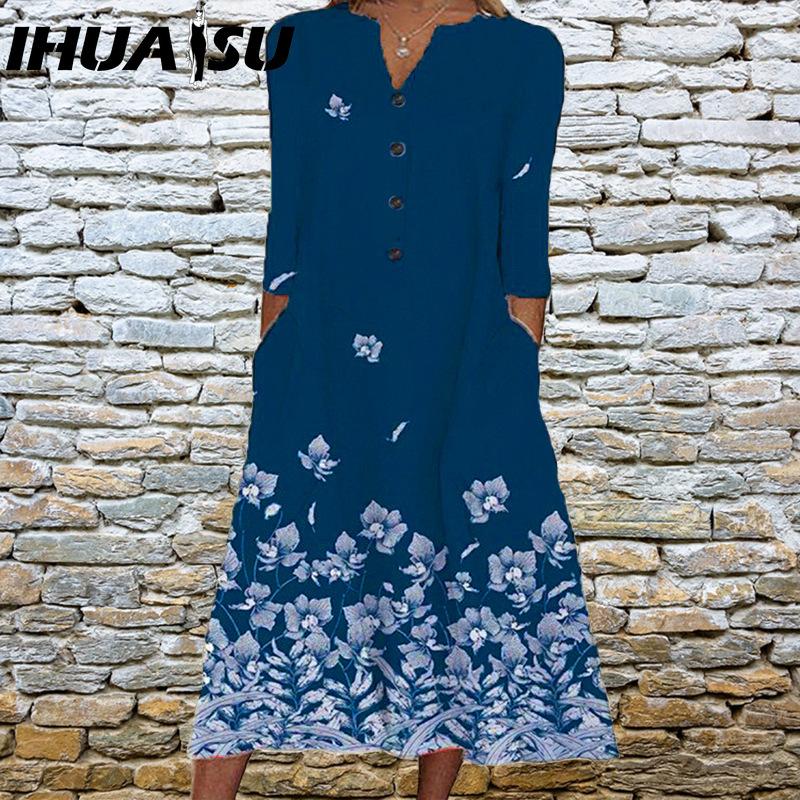 IHUASU Vestidos Elegantes Femininos Decote V Manga Curta Botão Vestido de Festa Feminino Verão Estampa Vintage Vestido Casual Solto Floral Vestidos Femininos