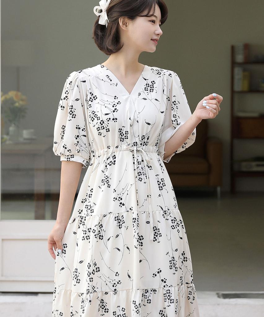 Ppaeppae V-Neck Strap-Banding Tiered Long Dress