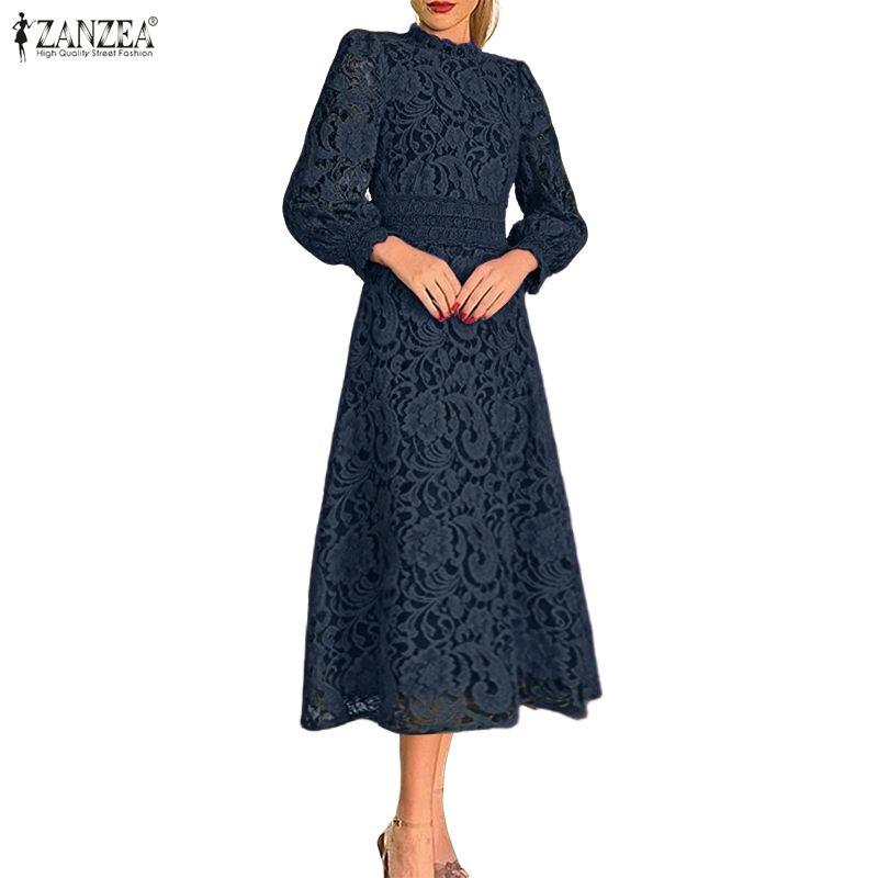 ZANZEA Women Casual Stand Collar Long Sleeve Lace Crochet Patchwork Long Dress