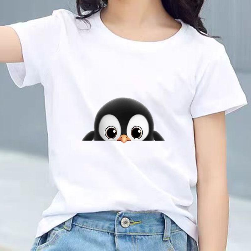 Kids Cotton T Shirt Cute Peeking Penguin Print Crew Neck Short Sleeve Tee Casual Breathable Boys Girls Summer Tops 100