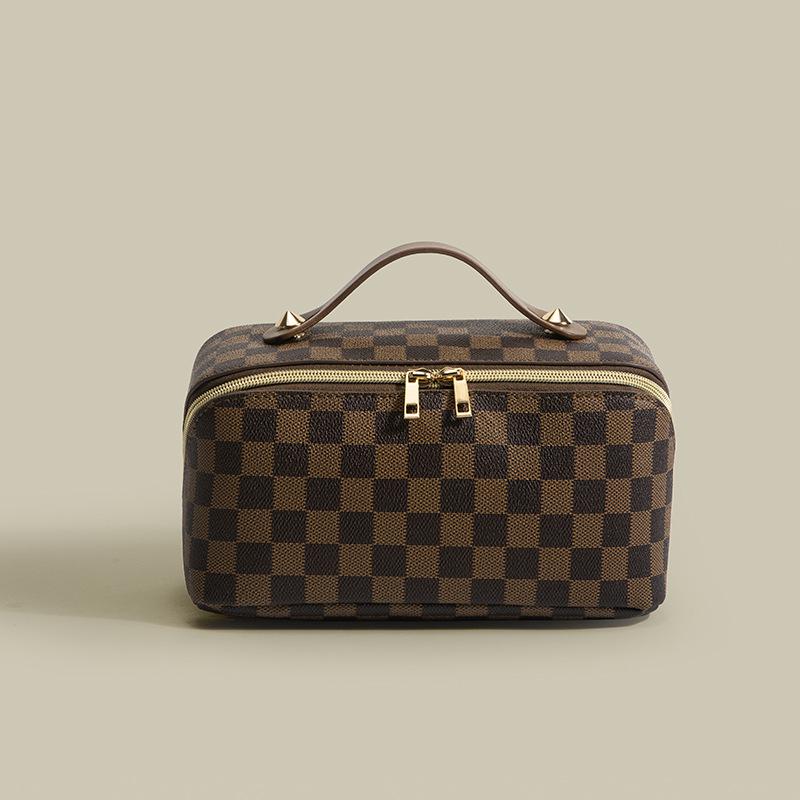 Plaid Monogram Large Capacity Makeup Bag - Convenient Handheld Storage