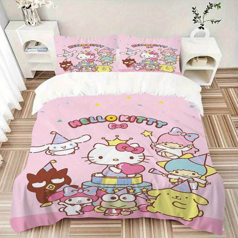3pcs Party Hello Kitty and Friends Bedding Set - 1 Soft Quilt Cover + 2 Pillowcases, Machine Washable - Suitable for All Seasons, Perfect Gi