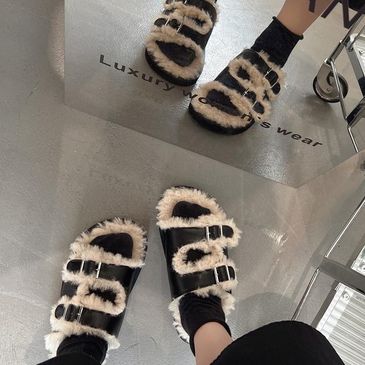 Design sense lamb wool slippers women's outer wear 2025 new spring retro velvet Boken non-slip cotton slippers