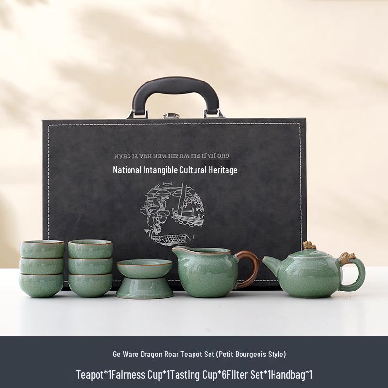 Ru Kiln Green Ice Flower Ceramic Kung Fu Tea Set - 10-Piece
