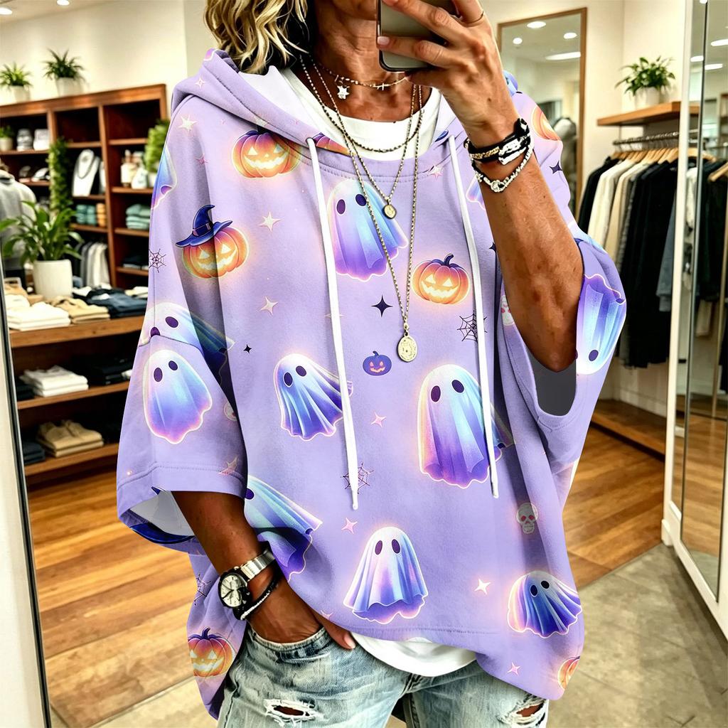 Women's Hoodie with Halloween Print, Loose Fit Casual Pullover Top