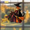Gothic Acrylic Witch &Black Cat Suncatcher, Halloween Window Decoration Wind Chime, Broom Witch Hanging Ornament for Home &Party