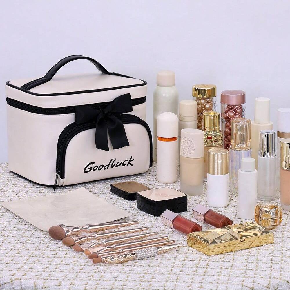 Large capacity cosmetics bag made of PU material handbag storage bag with zipper and bowknot decoration for wash bag