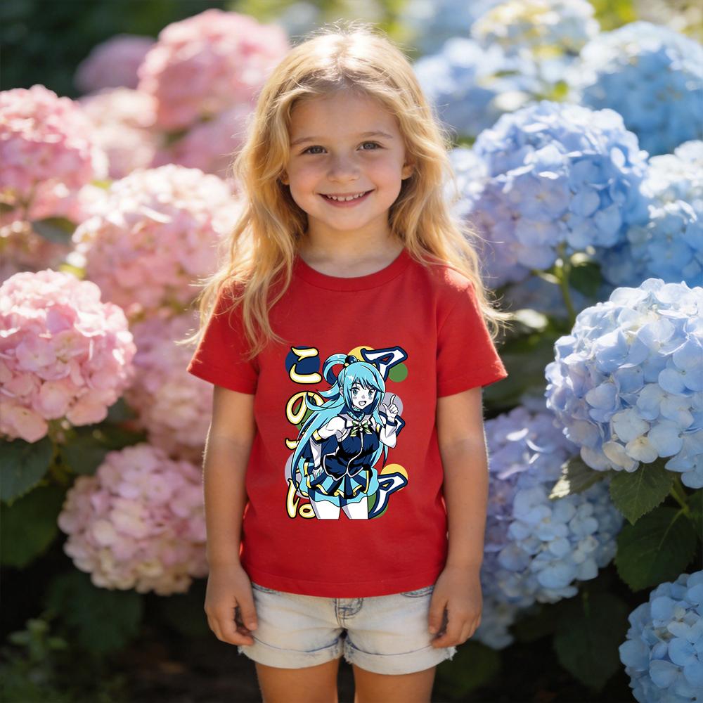 Konosuba Aqua Anime Print Boys Girls Cotton T Shirts Short Sleeve Summer Casual Tee Top Kids Daily Wear 100