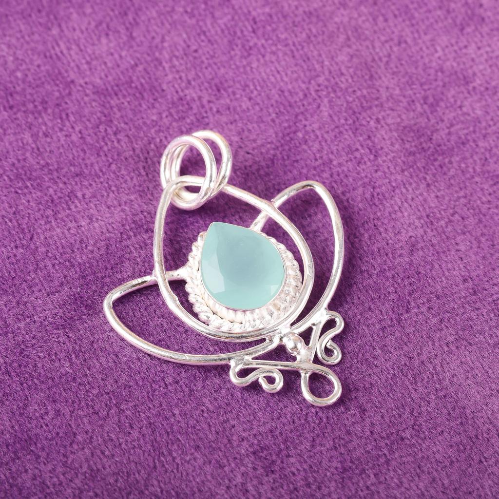 Aqua Chalcedony Handmade Gemstone Jewelry, 925 Solid Sterling Silver Pendant Unique Design Jewelry, For Women