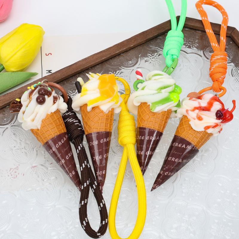 Simulation Ice Cream Cone Keychain Braided Lanyard Realistic Design Backpack Pendant Gift For Girls