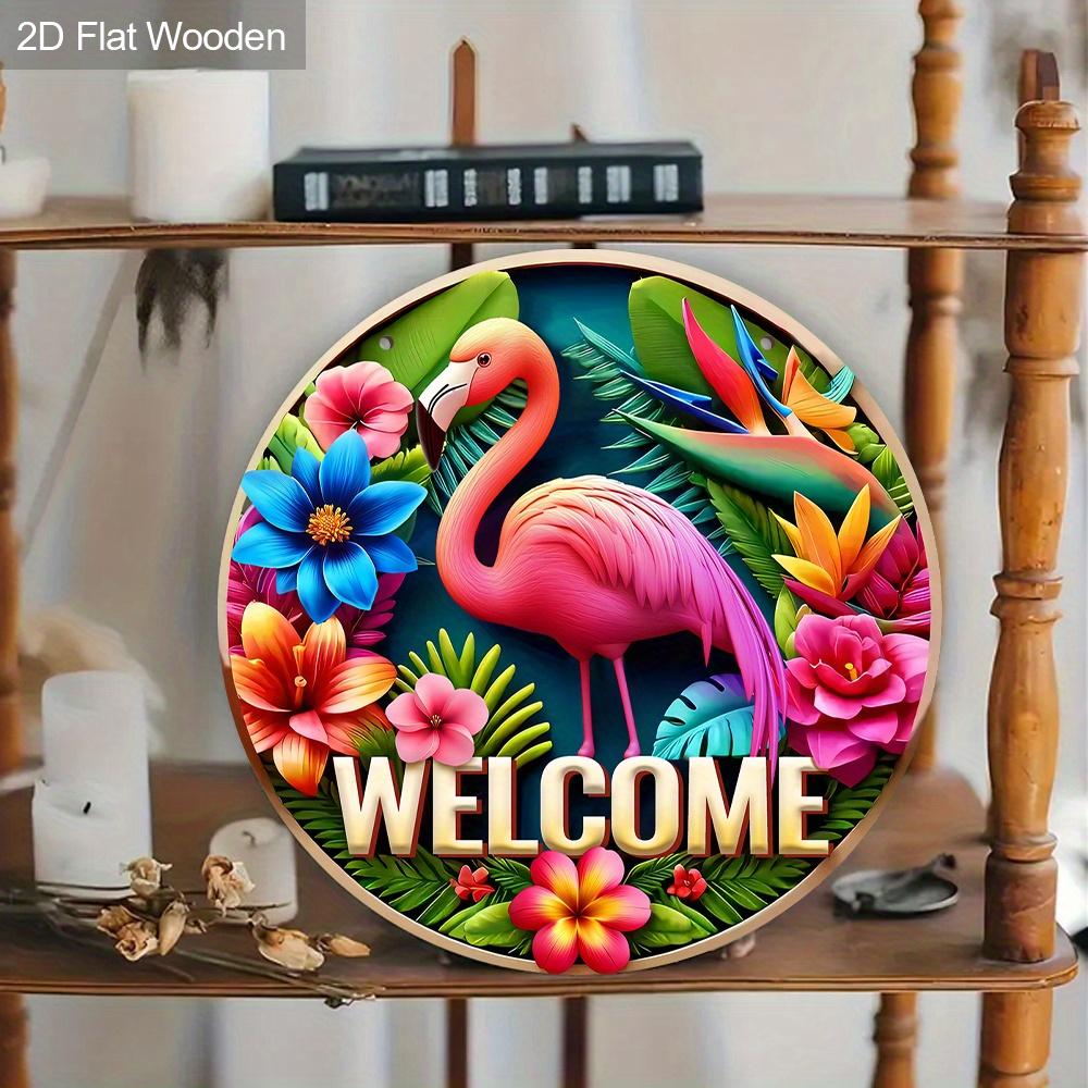Charming Wooden Welcome Sign with Flamingo Pattern - Rustic Decorative Plaque for Porch & Garden - Ideal for Summer Home Decor