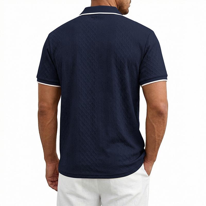 Men's Heavyweight Vintage Loose Jacquard Zip Short Sleeve Polo Shirt.