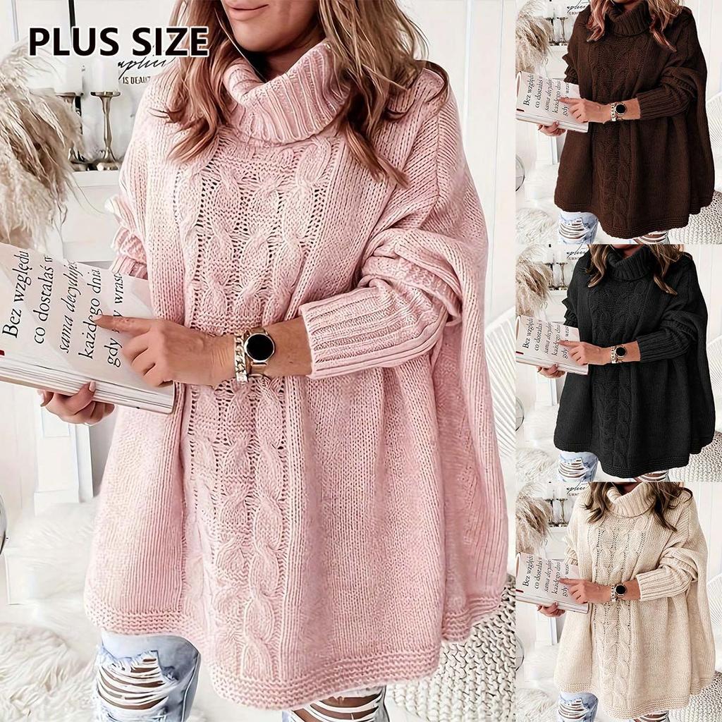 Cross-border Autumn and Winter Solid Color Lapel Bat Sleeve Loose Casual Large Size Women's Knitted Top