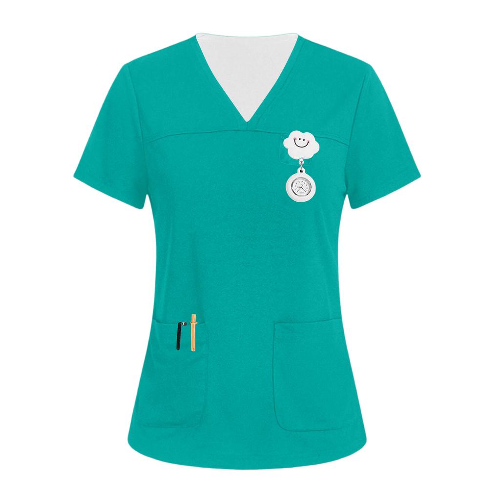 Damen V-Ausschnitt Drei-Taschen Kurzarm Uniform/Pflegekraft Oberteil Mit Schlitzen Am Saum