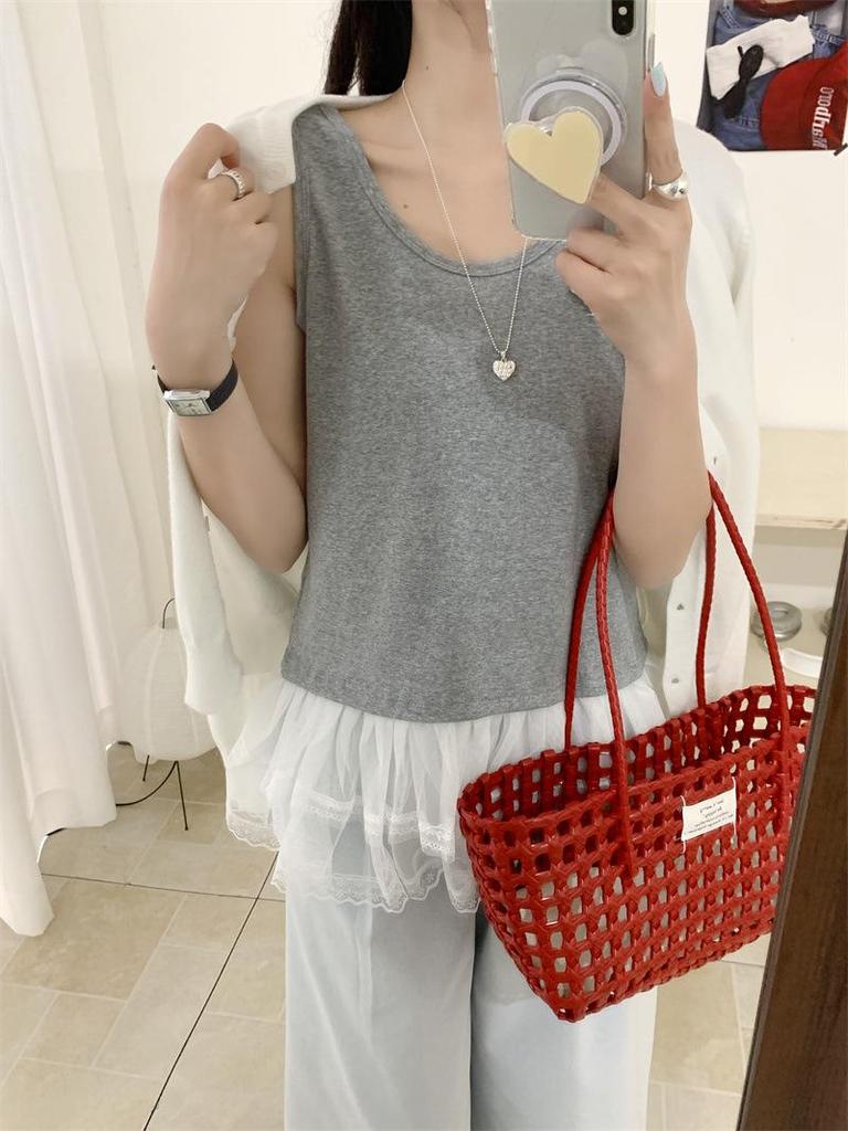 Double-Layer Lace Mesh Sleeveless Cotton Vest