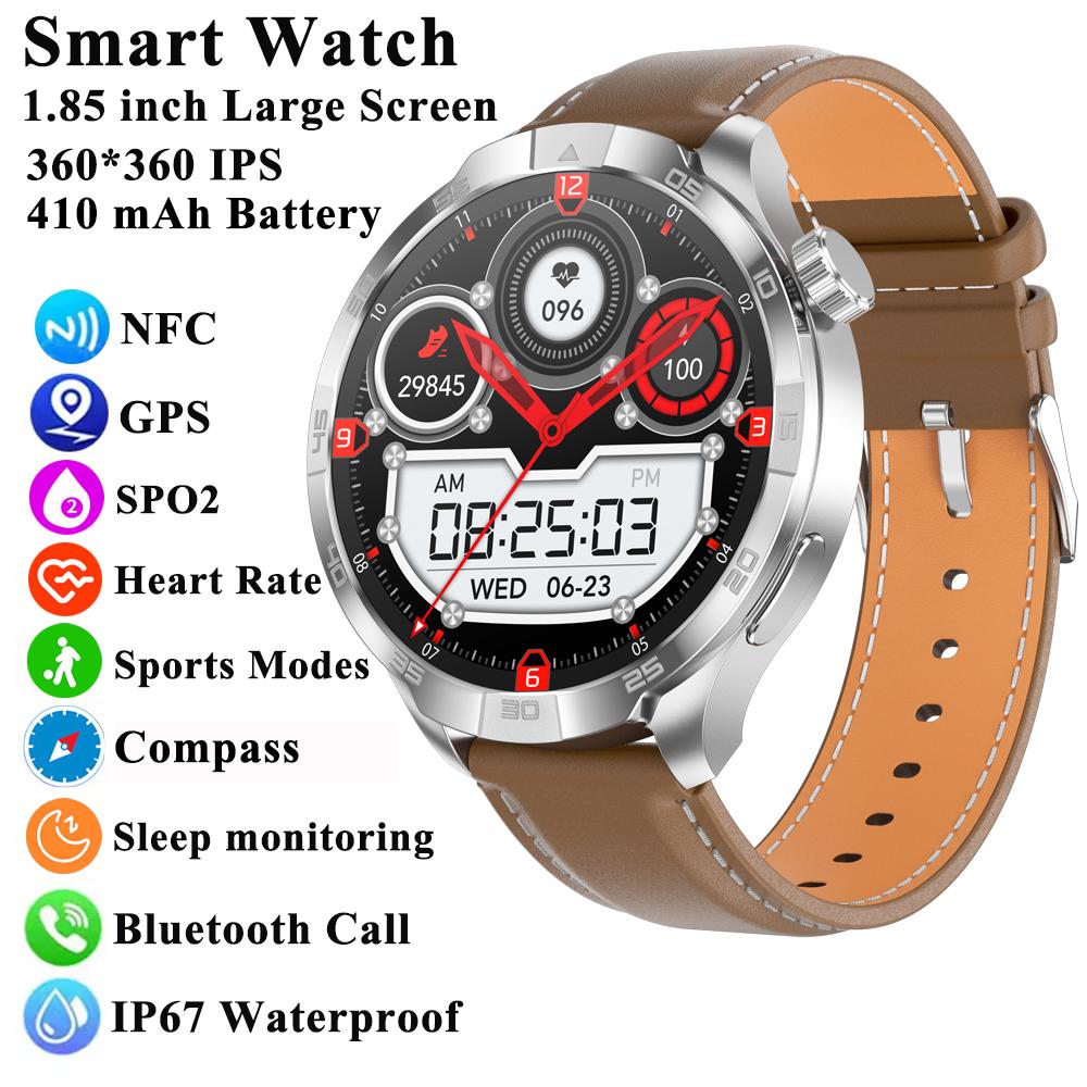 New Business Smart Watch Men 1.85" Ultra HD Bluetooth Call 410 mAh Blood Pressure Blood Oxygen GPS Track Compass NFC SmartWatch