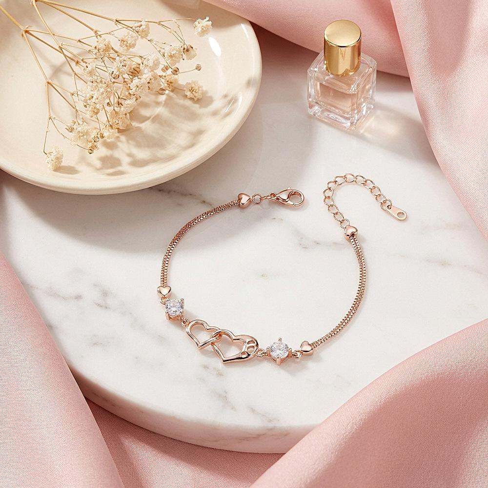 Women Fashion Gold Plated Interlocking Double Heart Zircon Bracelet Thin Double Chain Love Friendship Bracelet Bulk