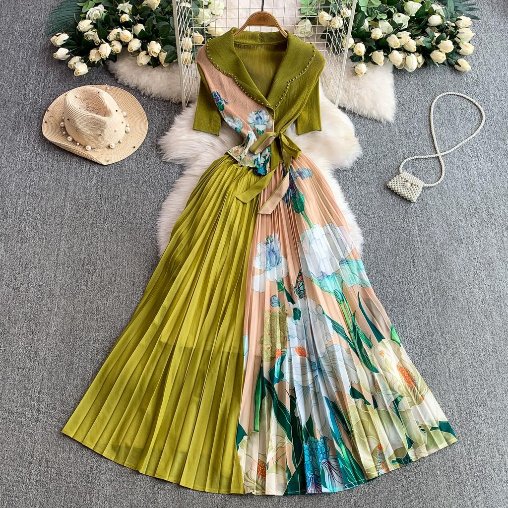 Summer Women Casual Plus Size Miyake Folds Print Beading Lace-up Oversize Loose Long Maxi Pleated Dresses