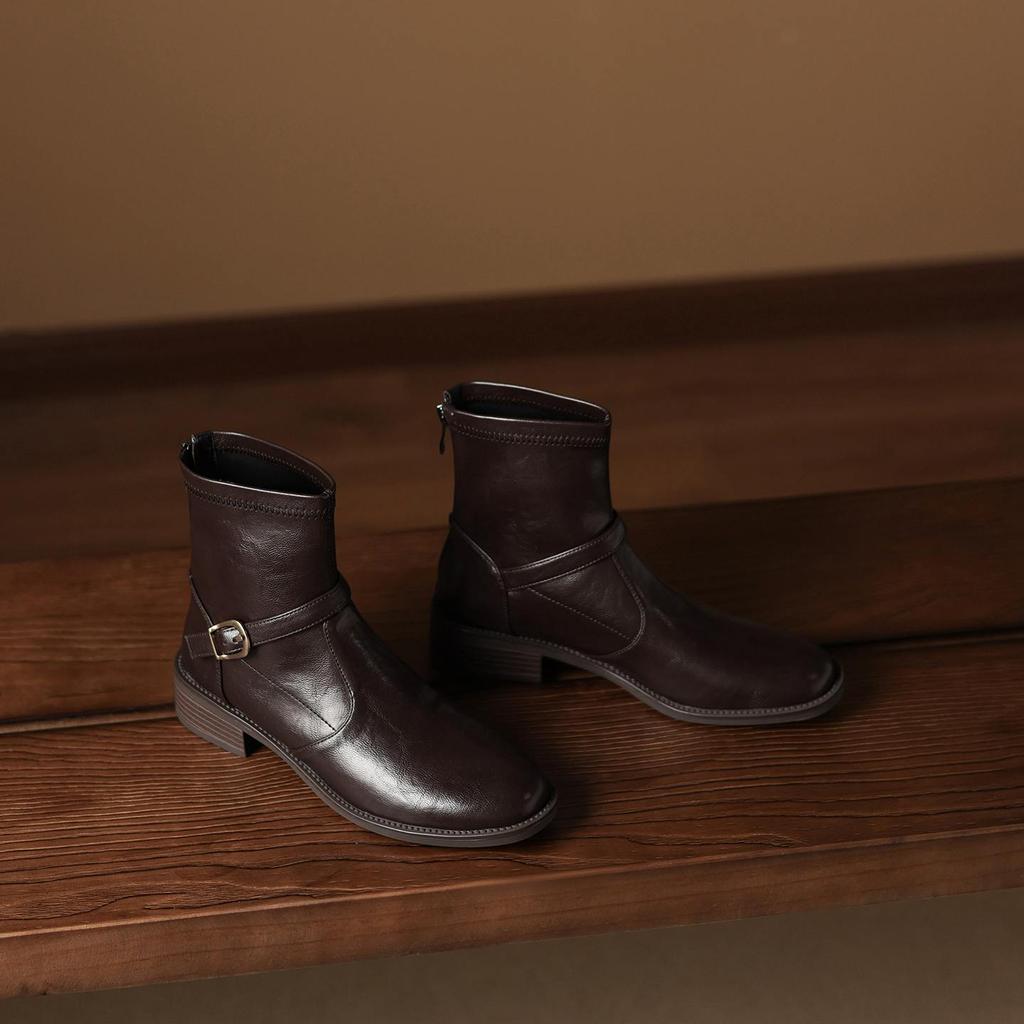 Krazing Pot Microfiber Winter Round Toe Western Boots Med Heels Zipper Women Metal Buckle British School Ankle Boots