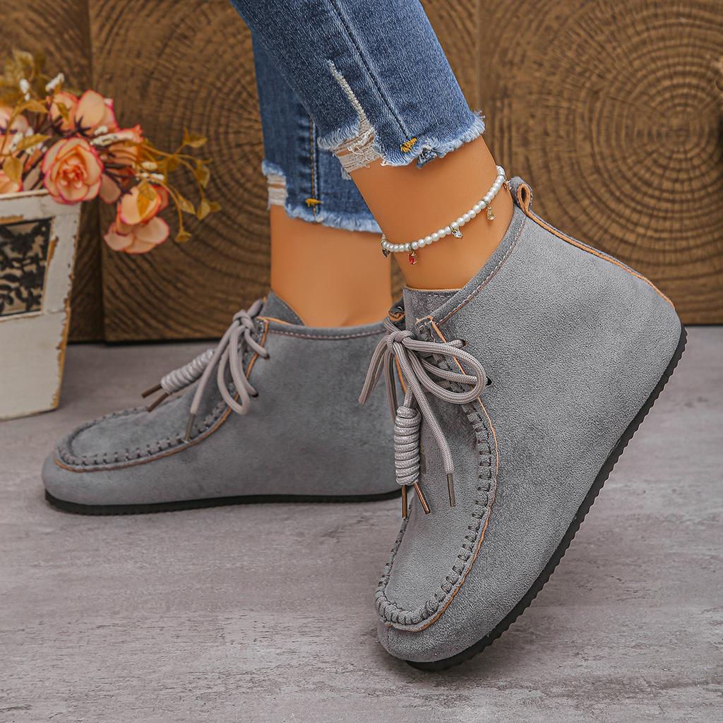 Europeisk og amerikansk retrostil tykksålede innvendig høydeøkende snørestøvletter dame nye store størrelser semsket skinn korte frynsestøvletter