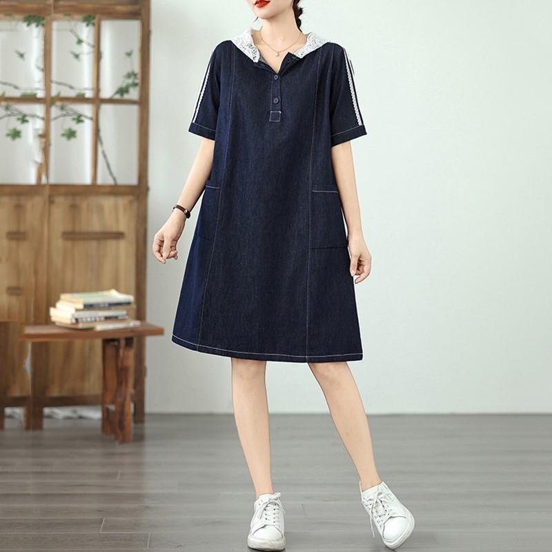 Rochie midi de vară casual largă cu mânecă scurtă, mărime plus, denim dantelă vintage, nou în rochii pentru femei