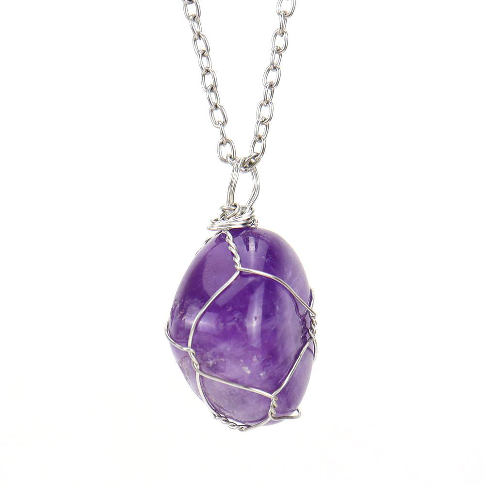 Handmade Silver Wire Winding Irregular Conformal Natural Stone Crystal Rough Stone Pendant Necklace N670