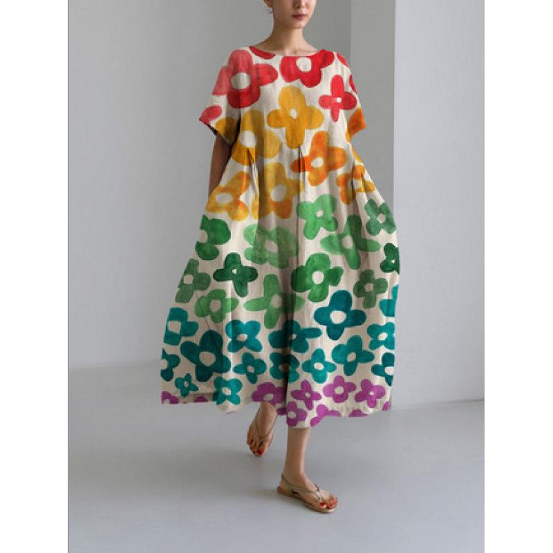 Damen Sommer Übergröße Gestreiftes Print Maxikleid, Lässiges Lockeres Rundhals Kurzarm Oversized A-Linien-Kleid