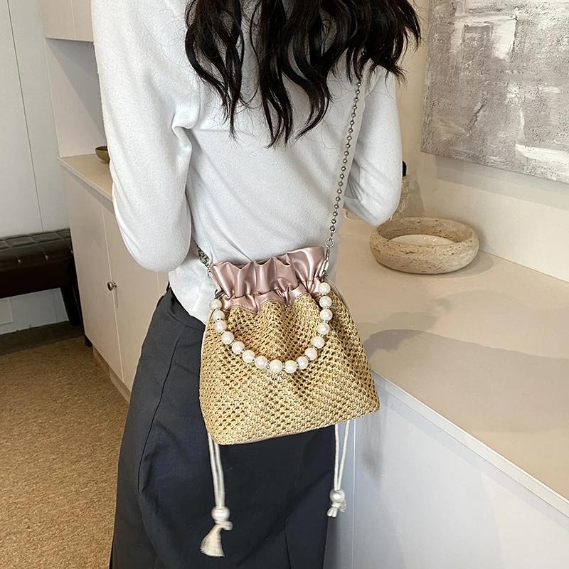 Women's Handbag  Shoulder Bag  Straw Bucket  Versatile  Handmade  Fashionable  Casual  Top Handle