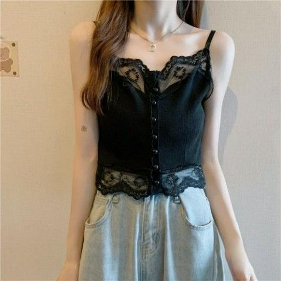 Korean-French Lace Patchwork Knit Camisole - Women's Trendy High Waist Short Top (Summer 2026)