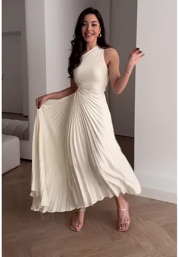 2025 Summer European-American Women's Off-Shoulder Pleated Solid Color Dress