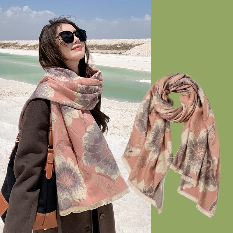 Yunnan Travel Wear Imitation Cashmere Scarf Women's New Flower Warm Fashion Large Shawl Photo Versatile Scarf