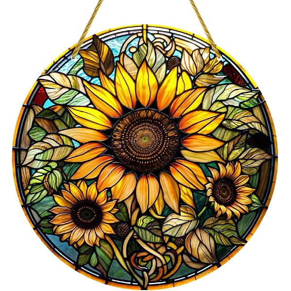 Yafuidil Acrylic Hanging - 1Pcs Wreath Cross Theme Round Stained Acrylic Hanging Ornament Window Hanging for Indoor Outdoor Decor, Garden Decoration