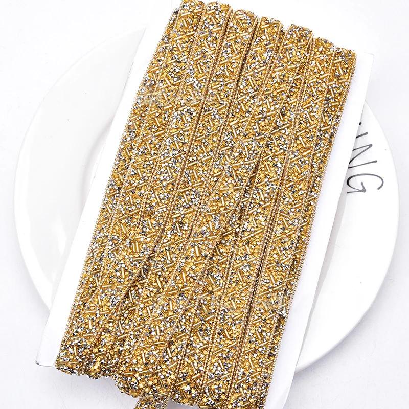 1Yard Rhinestone Trim Crystal Seed Beads Ribbon Geometric Crystal Tapes Glass Trimming for DIY Clothing Decorations Crafts