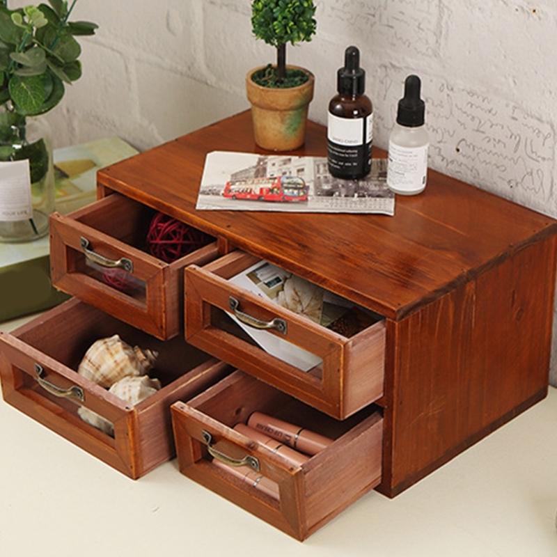 Vintage Style Wooden Desktop Organizers Box With Four Drawers Cabinet Storage Holder For Organizing Makeup And Jewelry